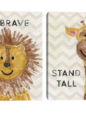 Neutral Chevron Lion & Giraffe Wall Art Set - Bravery & Stand Tall